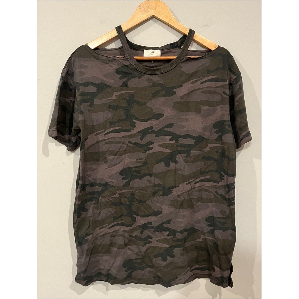 t.la Anthropologie Cold Shoulder Camo T-Shirt Green Small New With Tags